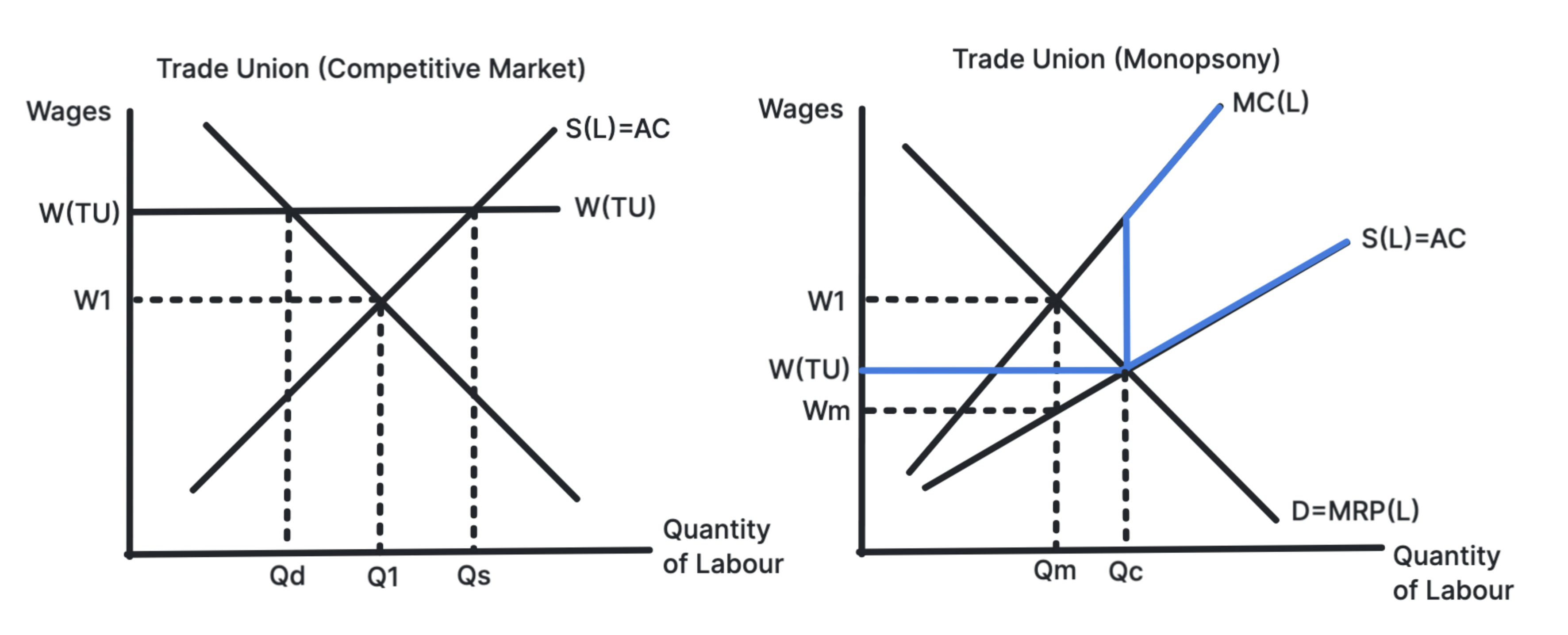 Labour market diagram showing a trade union raising the wage above the competitive level and reducing employment