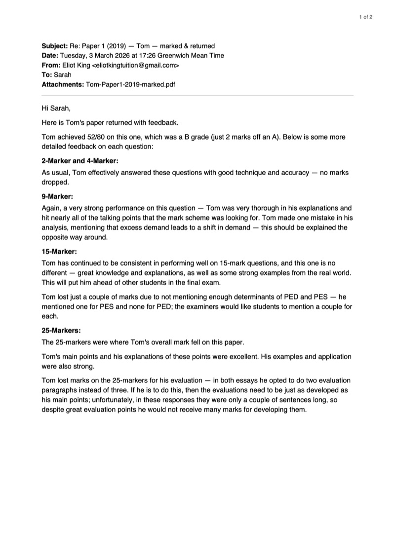 First page of a feedback email, breaking the paper down question by question with the reasons marks were gained and lost